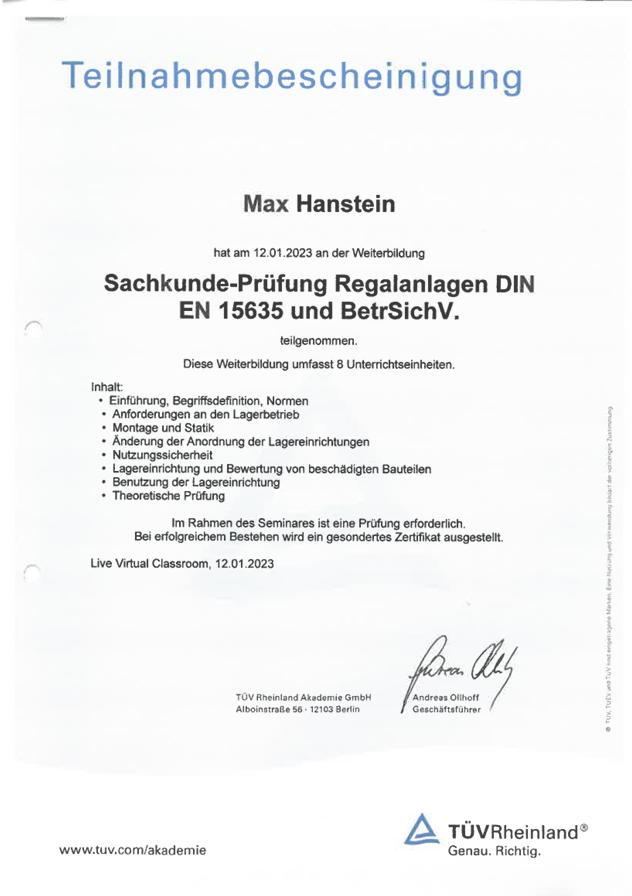 Qualifikationsnachweis Regalanlagen DIN 15635