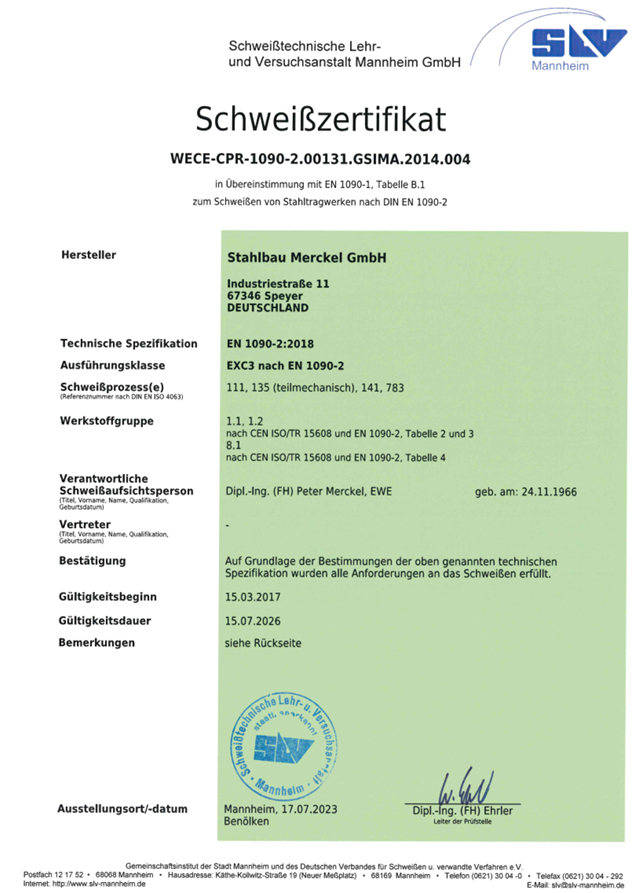 DIN EN 1090 Zertifikat Stahlbau Merckel