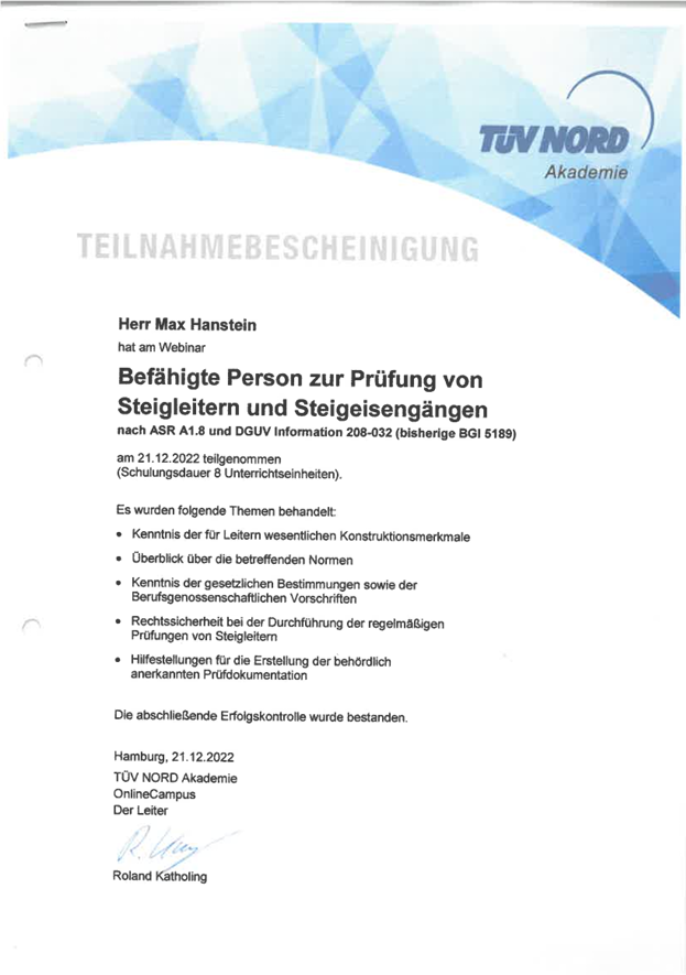 Qualifikationsnachweis Steigleitern nach ASR A1.8