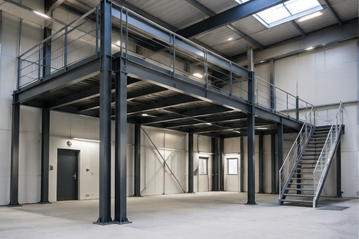 Nachträglich eingebautes Stahlpodest mit Treppe in einer Gewerbehalle