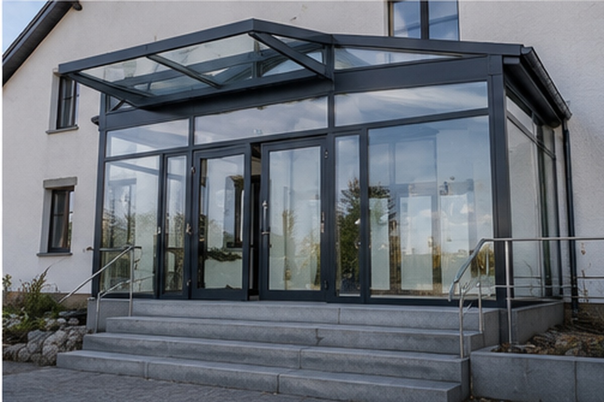 Moderner Glasanbau mit tragender Stahlkonstruktion