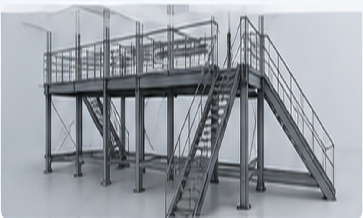 CAD-Modell einer Stahlbühne mit Treppenanlage