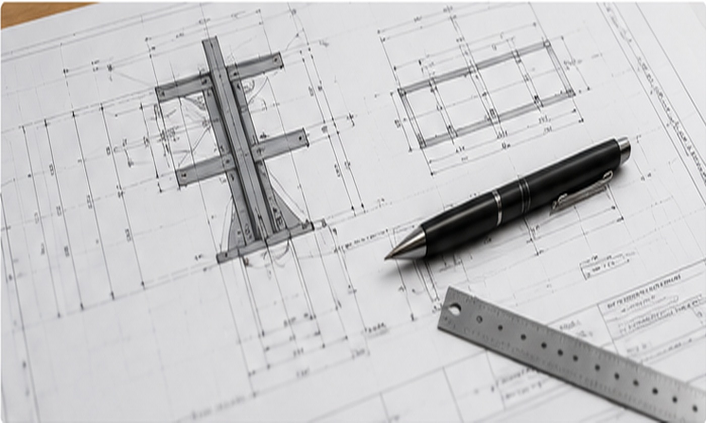 Technische CAD-Zeichnung mit Bemaßungen und Konstruktionsdetails