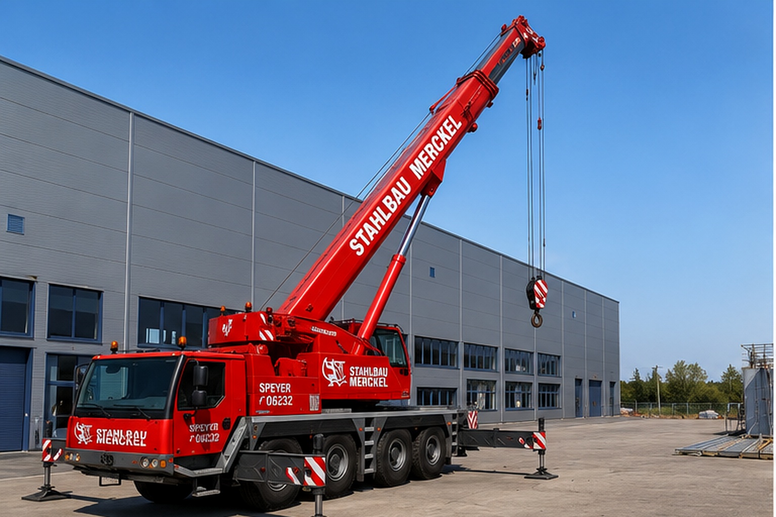 Roter Mobilkran von Stahlbau Merckel bei einem geplanten Baustelleneinsatz