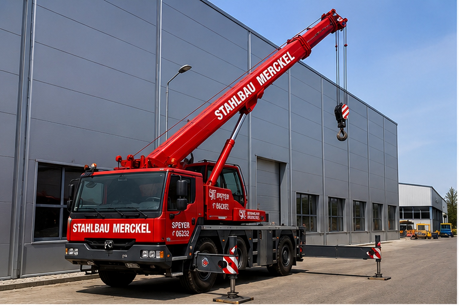 Roter Mobilkran von Stahlbau Merckel bei einem Montageeinsatz